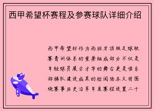 西甲希望杯赛程及参赛球队详细介绍