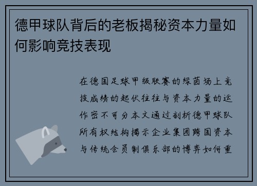 德甲球队背后的老板揭秘资本力量如何影响竞技表现